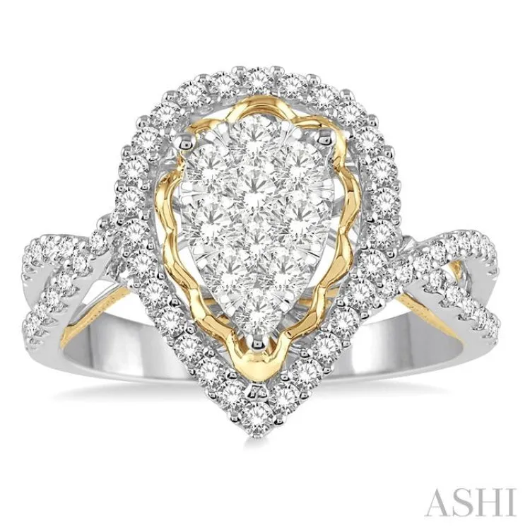 1 Ctw Round Diamond Lovebright Split Shank Pear Halo Engagement Ring in 14K White and Yellow Gold