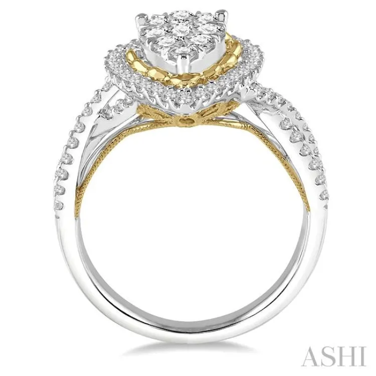 1 Ctw Round Diamond Lovebright Split Shank Pear Halo Engagement Ring in 14K White and Yellow Gold