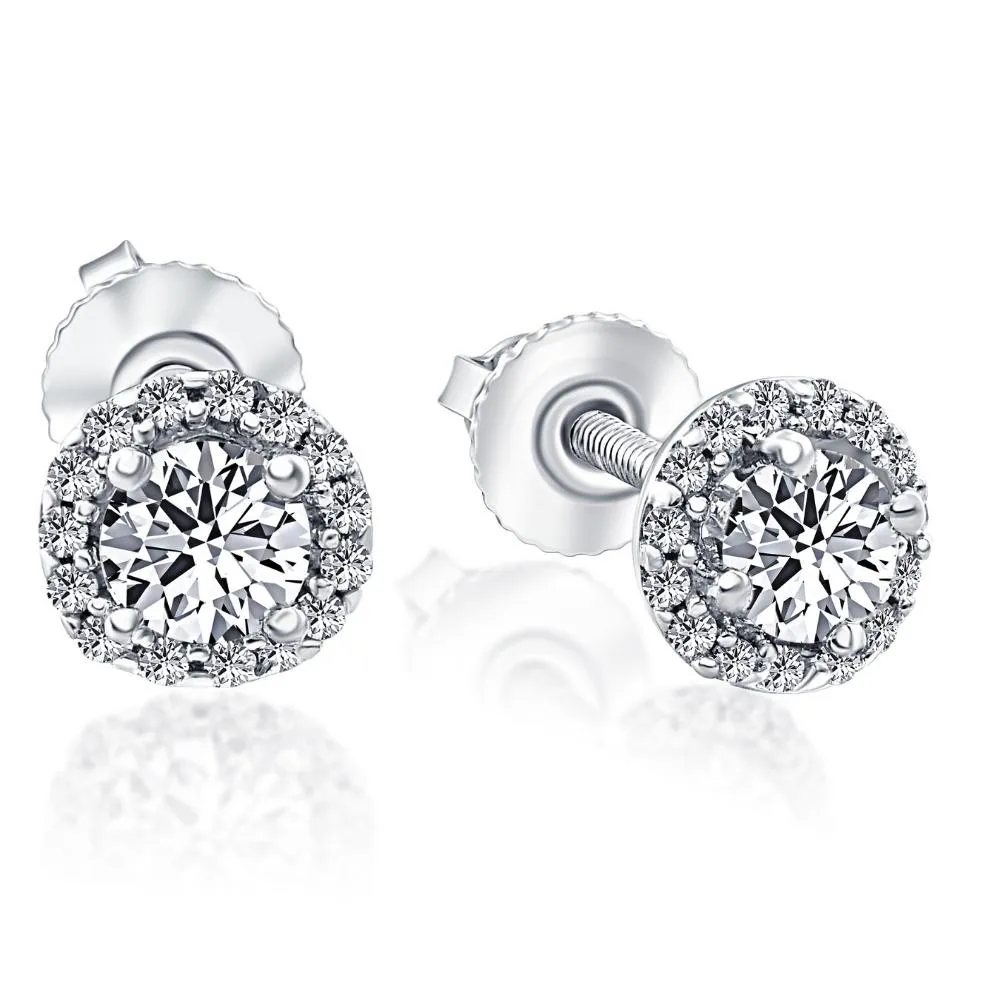 1/2 Ct Halo Diamond Studs 10K White Gold