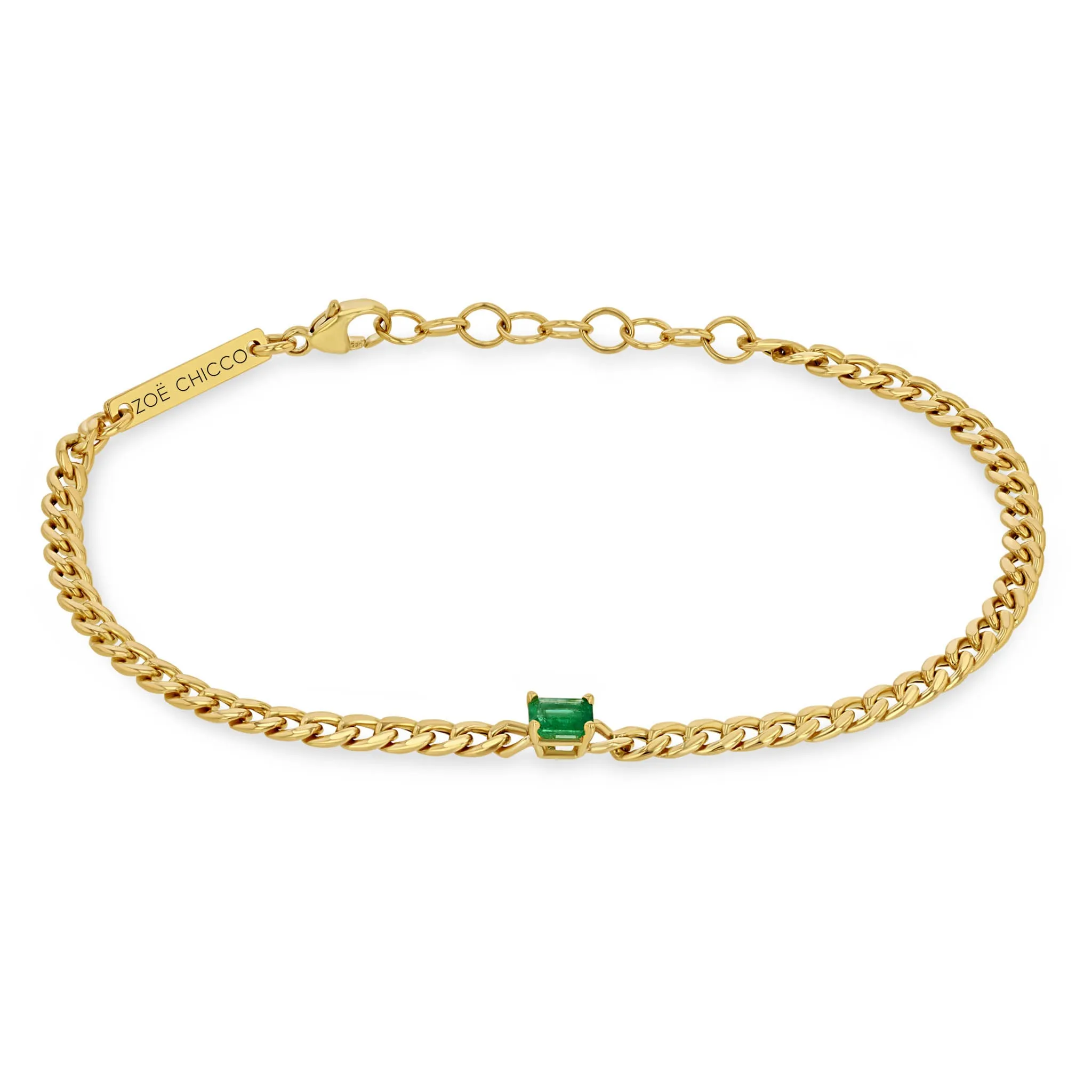 14k Emerald Cut Emerald Small Curb Chain Bracelet