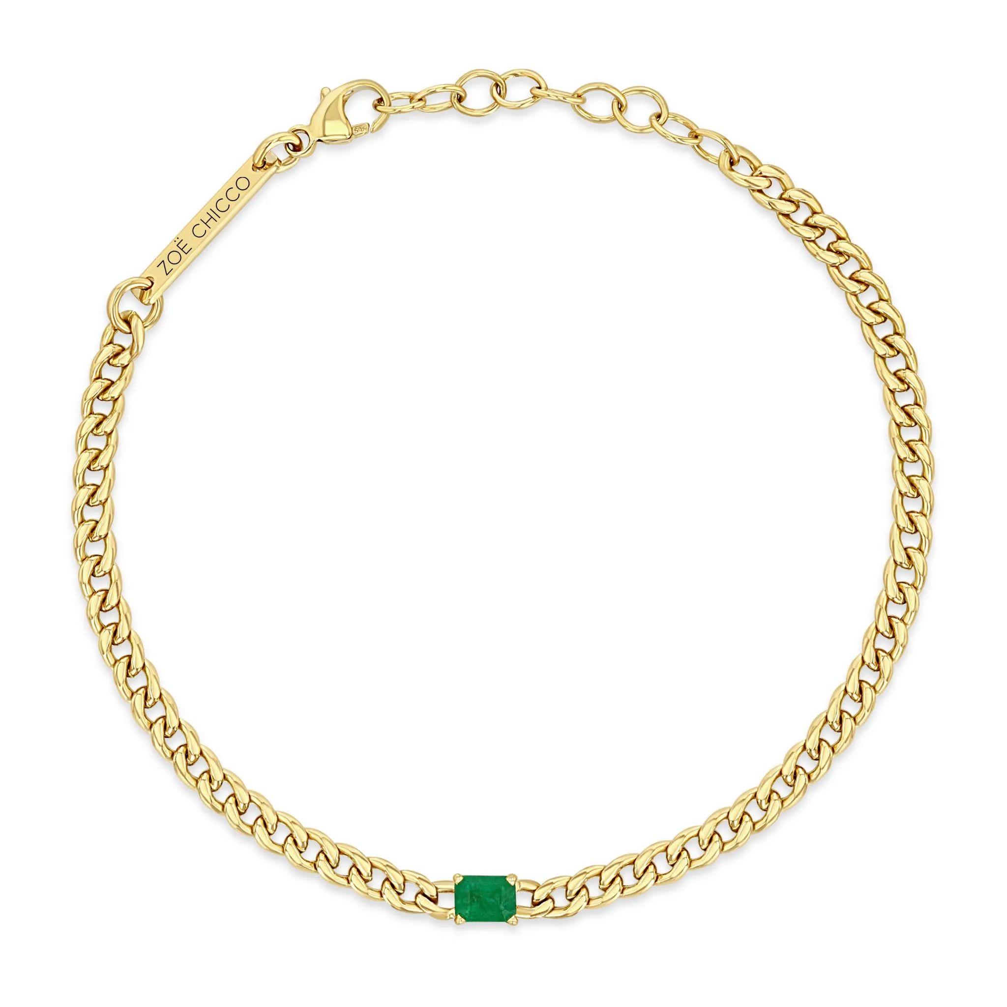 14k Emerald Cut Emerald Small Curb Chain Bracelet