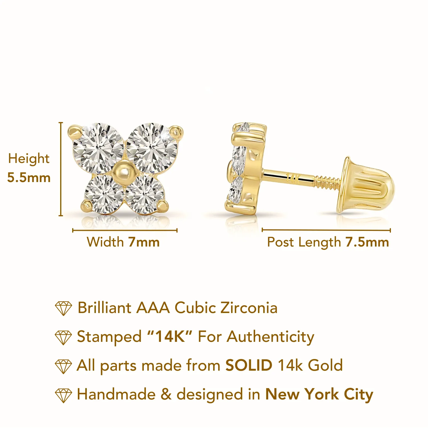 14K Solid Gold Butterfly CZ Stud Earrings, With Secure Screw-Backs