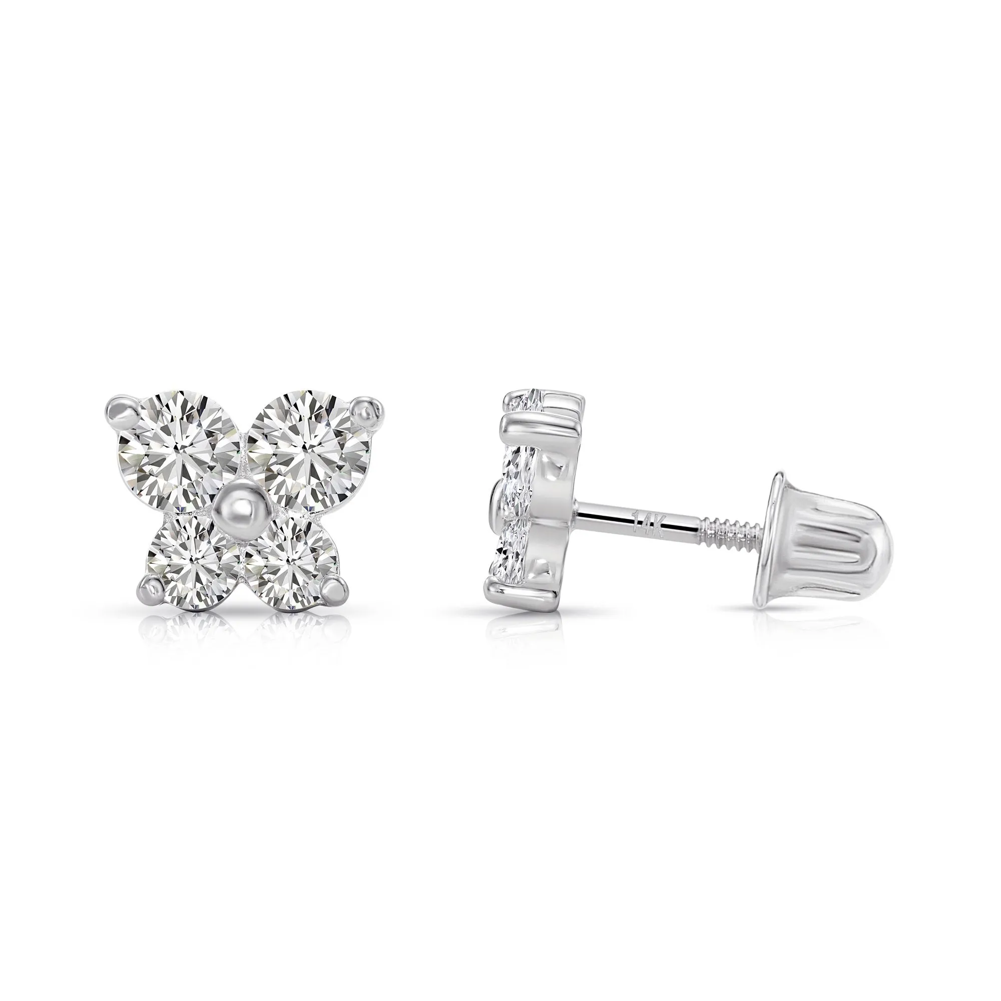 14K Solid Gold Butterfly CZ Stud Earrings, With Secure Screw-Backs