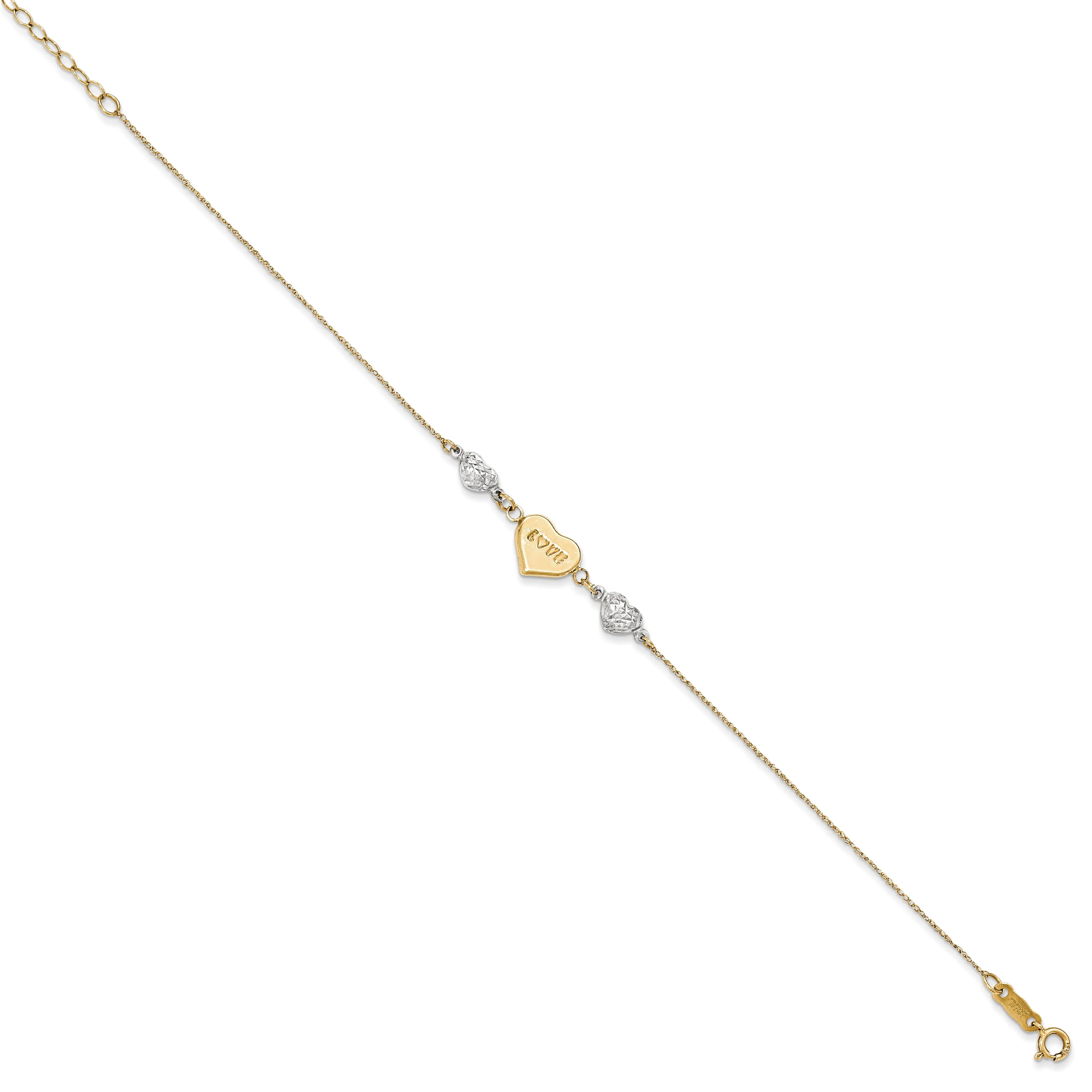 14K Two Tone Gold Puffed LOVE Heart & Hearts Bracelet