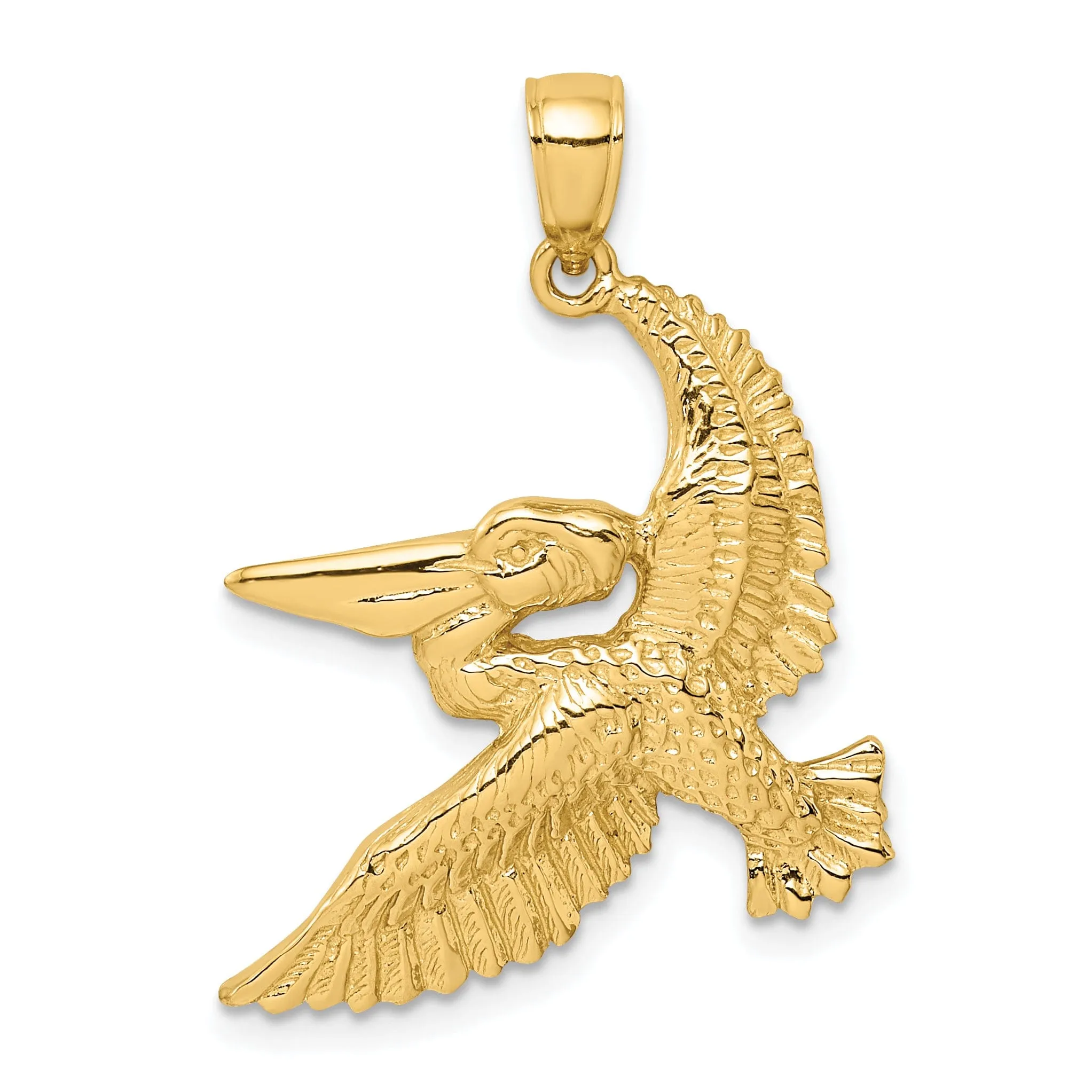 14K Yellow Gold Polish Texture Finish 3-Dimensional Pelican in Flight Charm Pendant