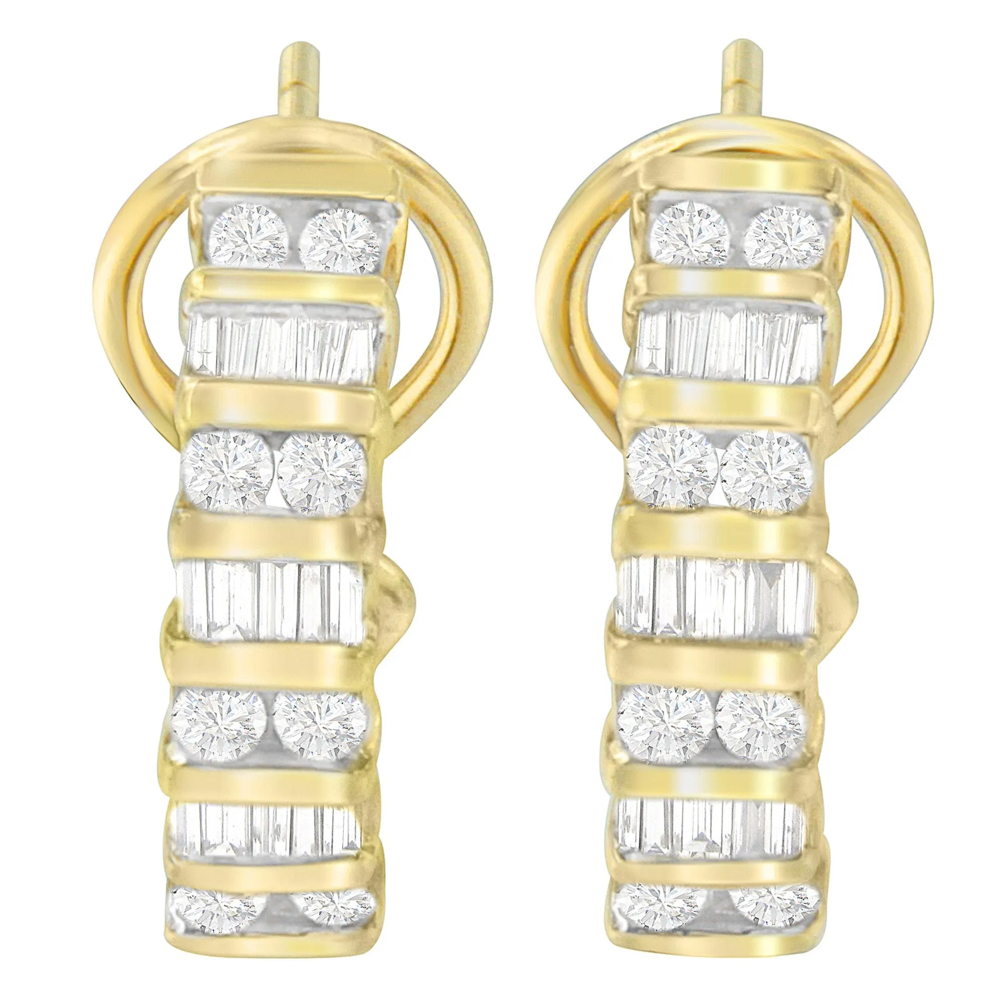 14K Yellow Gold Round and Baguette-cut Diamond Earrings