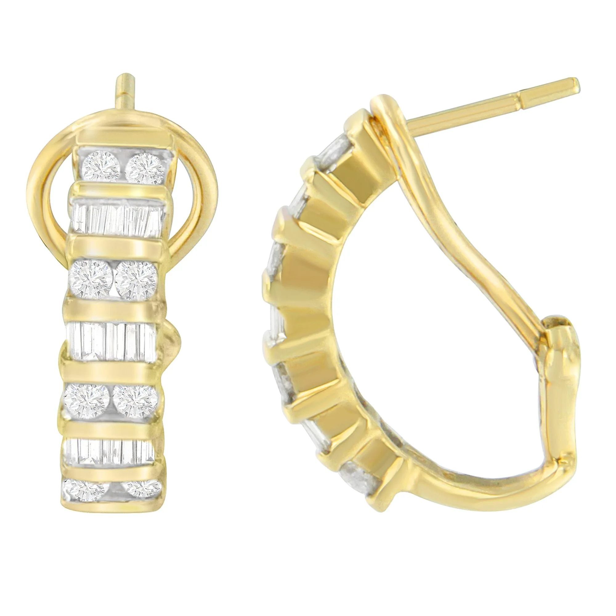 14K Yellow Gold Round and Baguette-cut Diamond Earrings