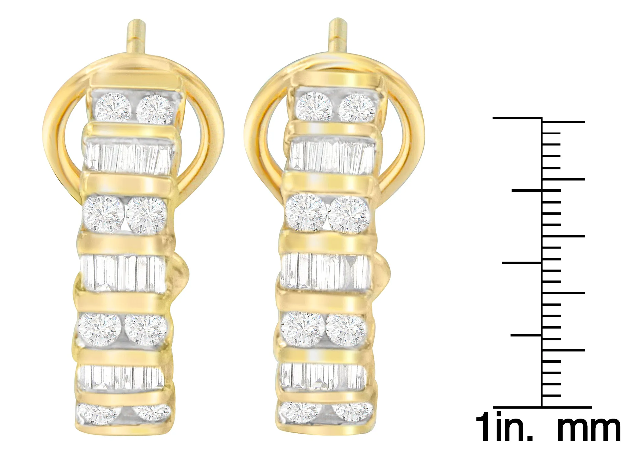 14K Yellow Gold Round and Baguette-cut Diamond Earrings