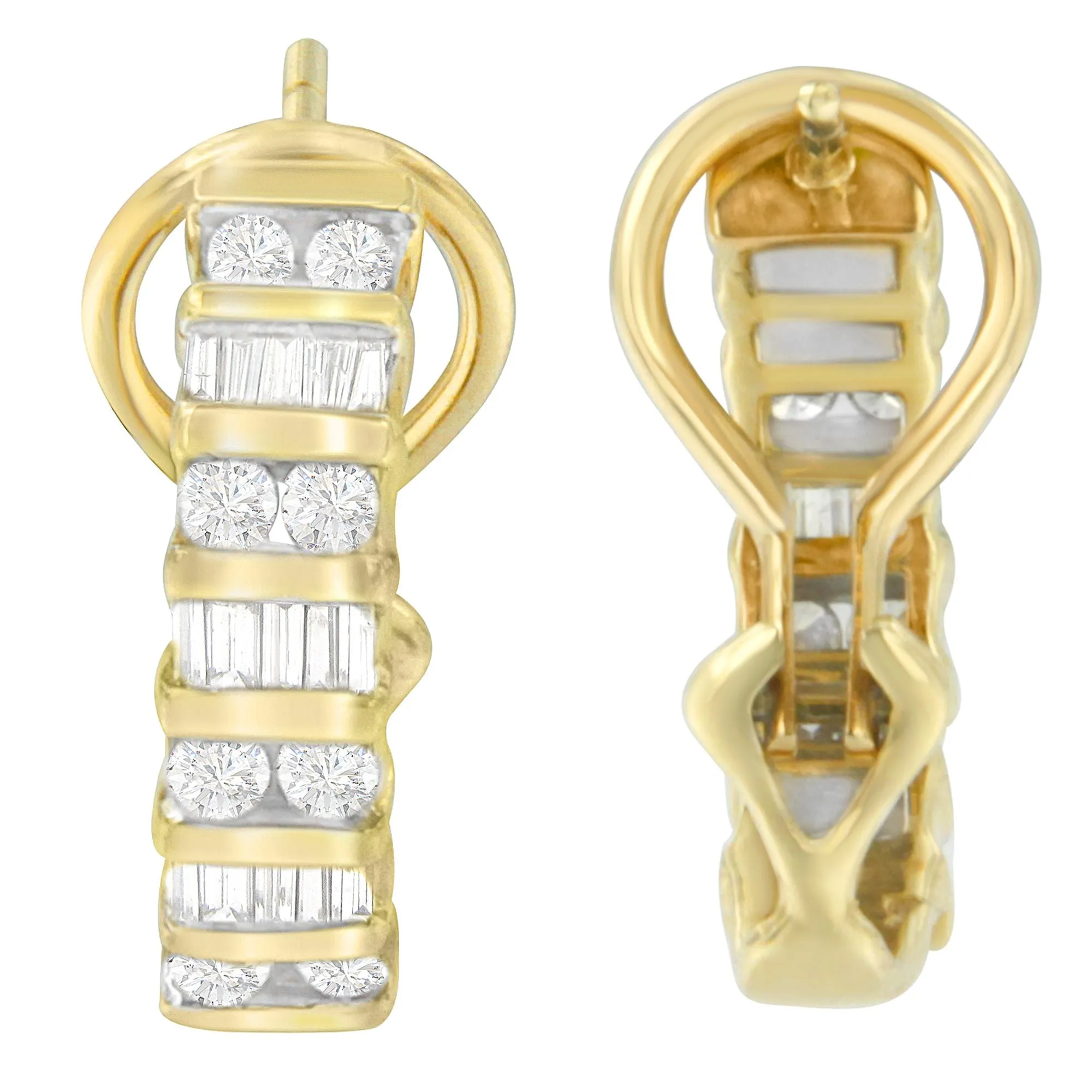 14K Yellow Gold Round and Baguette-cut Diamond Earrings