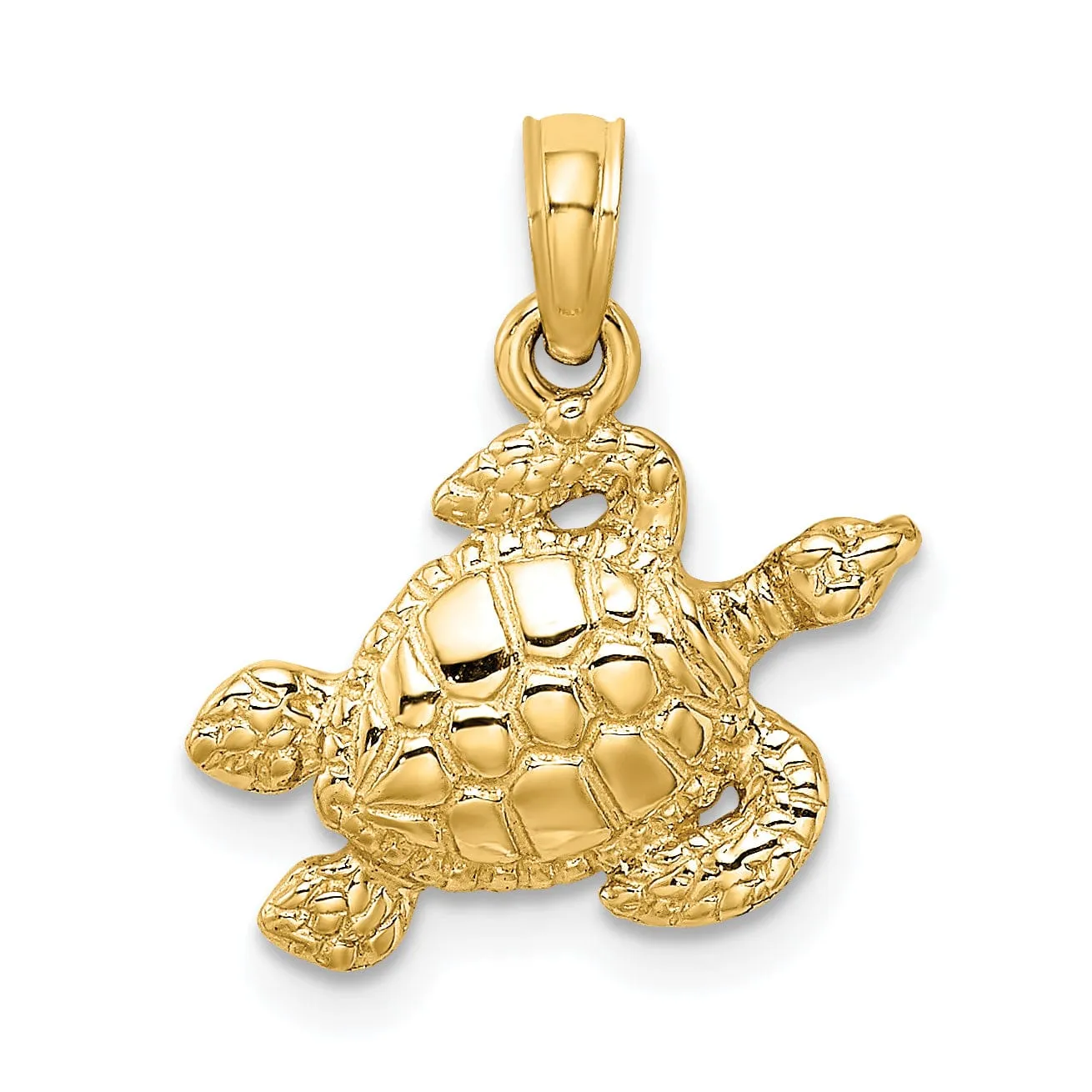 14k Yellow Gold Solid Casted Polished and Textured Finish Sea Turtle Charm Pendant