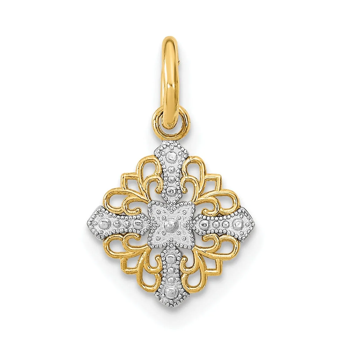 14K Yellow Gold, White Rhodium Polished Finish Mini Cross Medallion Design Pendant