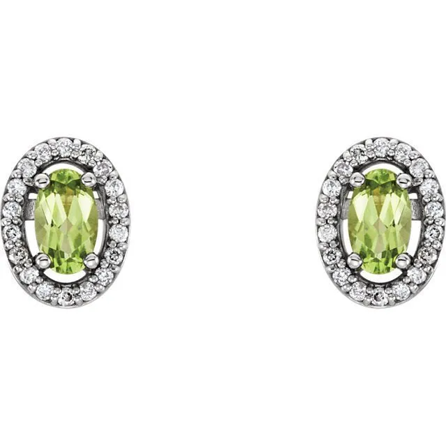 14KT GOLD 0.60 CTW PERIDOT & 0.08 CTW DIAMOND OVAL HALO EARRINGS