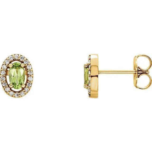 14KT GOLD 0.60 CTW PERIDOT & 0.08 CTW DIAMOND OVAL HALO EARRINGS