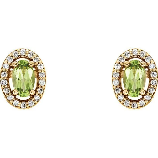 14KT GOLD 0.60 CTW PERIDOT & 0.08 CTW DIAMOND OVAL HALO EARRINGS