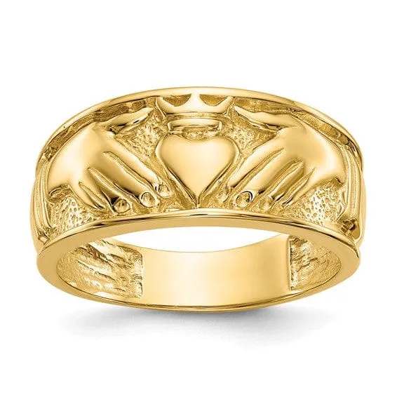 14kt Polished yellow gold mens claddagh ring band