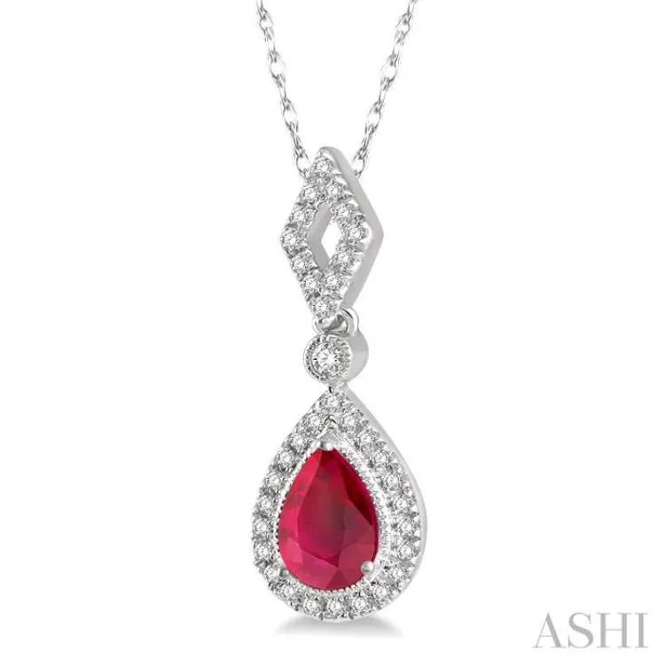 1/6 Ctw Pear Shape 6x4 MM Ruby & Round Cut Diamond Precious Pendant With Chain in 10K White Gold