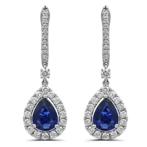 18K White Gold Diamond Hoop Earring with Pear Sapphire with Diamond Halo Dangle