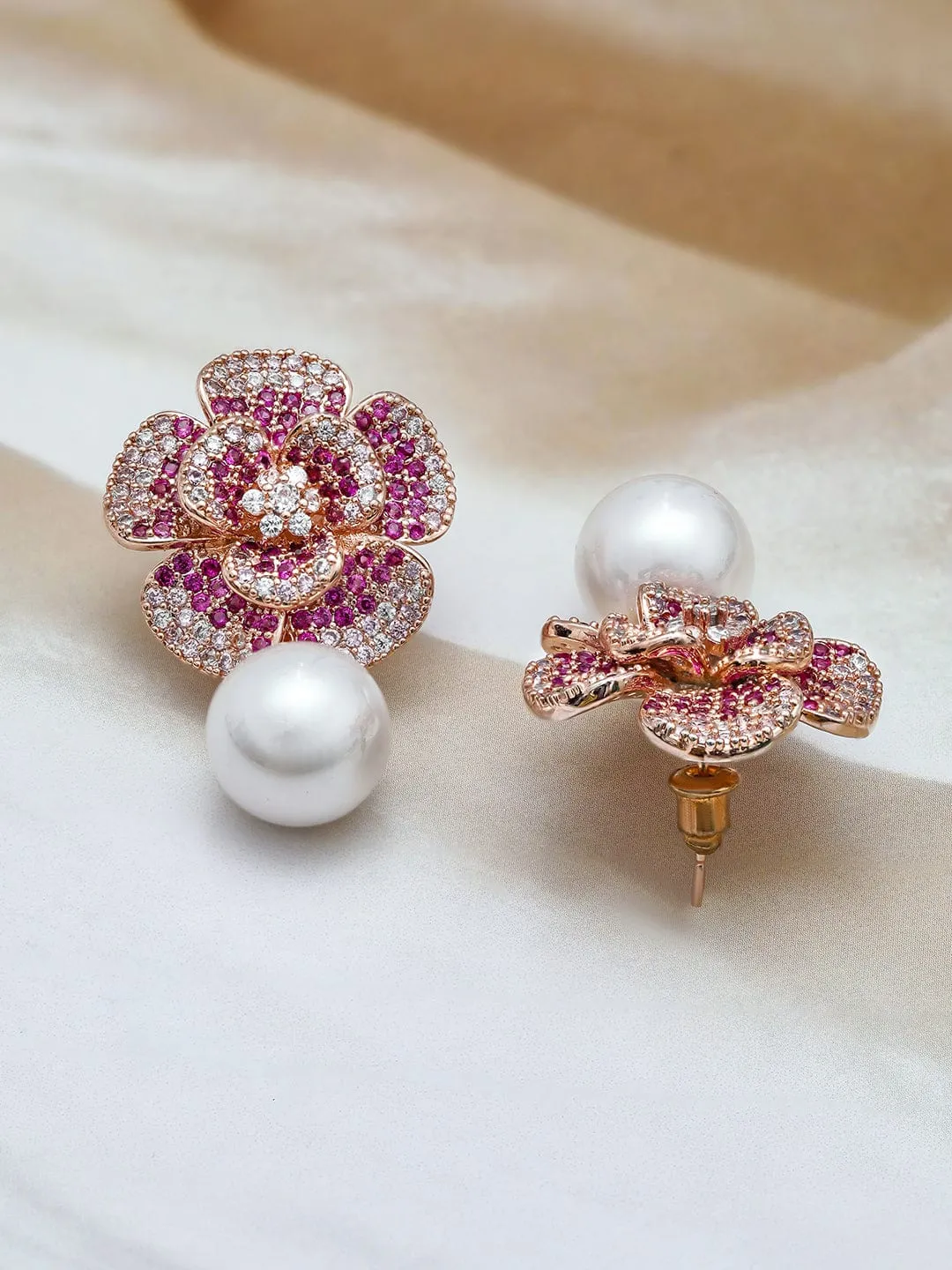 22K Rose Gold-Plated Ruby Pink AD & Cubic Zirconia Studded Floral Pearl Drop Earrings