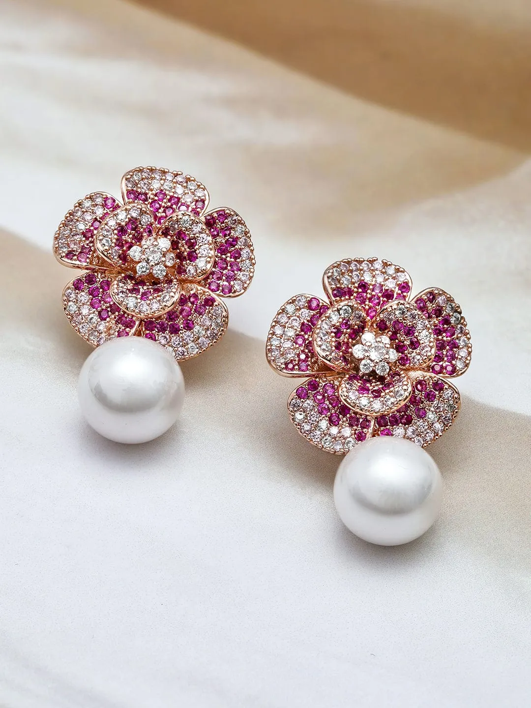 22K Rose Gold-Plated Ruby Pink AD & Cubic Zirconia Studded Floral Pearl Drop Earrings