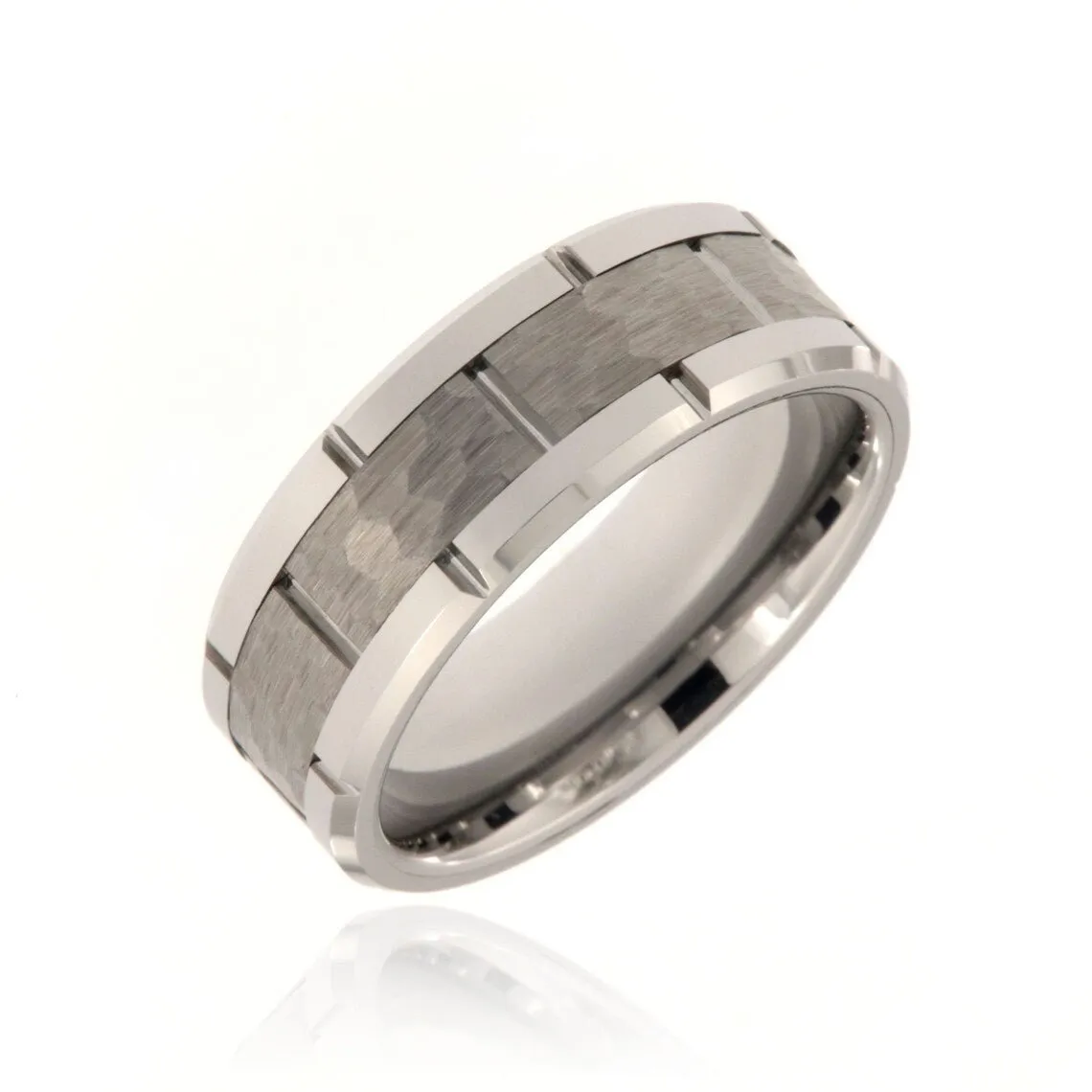 8mm Heavy Tungsten Carbide Men's Ring, Two Tone Hammered And Polish Finish With Beveled Edges - FREE Personalization