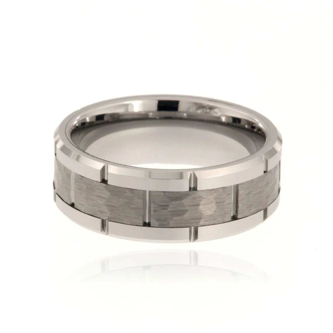 8mm Heavy Tungsten Carbide Men's Ring, Two Tone Hammered And Polish Finish With Beveled Edges - FREE Personalization