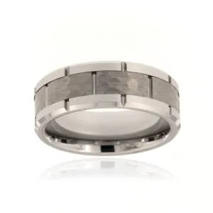 8mm Heavy Tungsten Carbide Men's Ring, Two Tone Hammered And Polish Finish With Beveled Edges - FREE Personalization