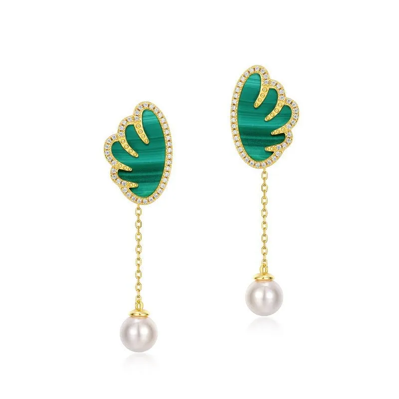 Angel Wings Malachite Earrings With Pearl Charm