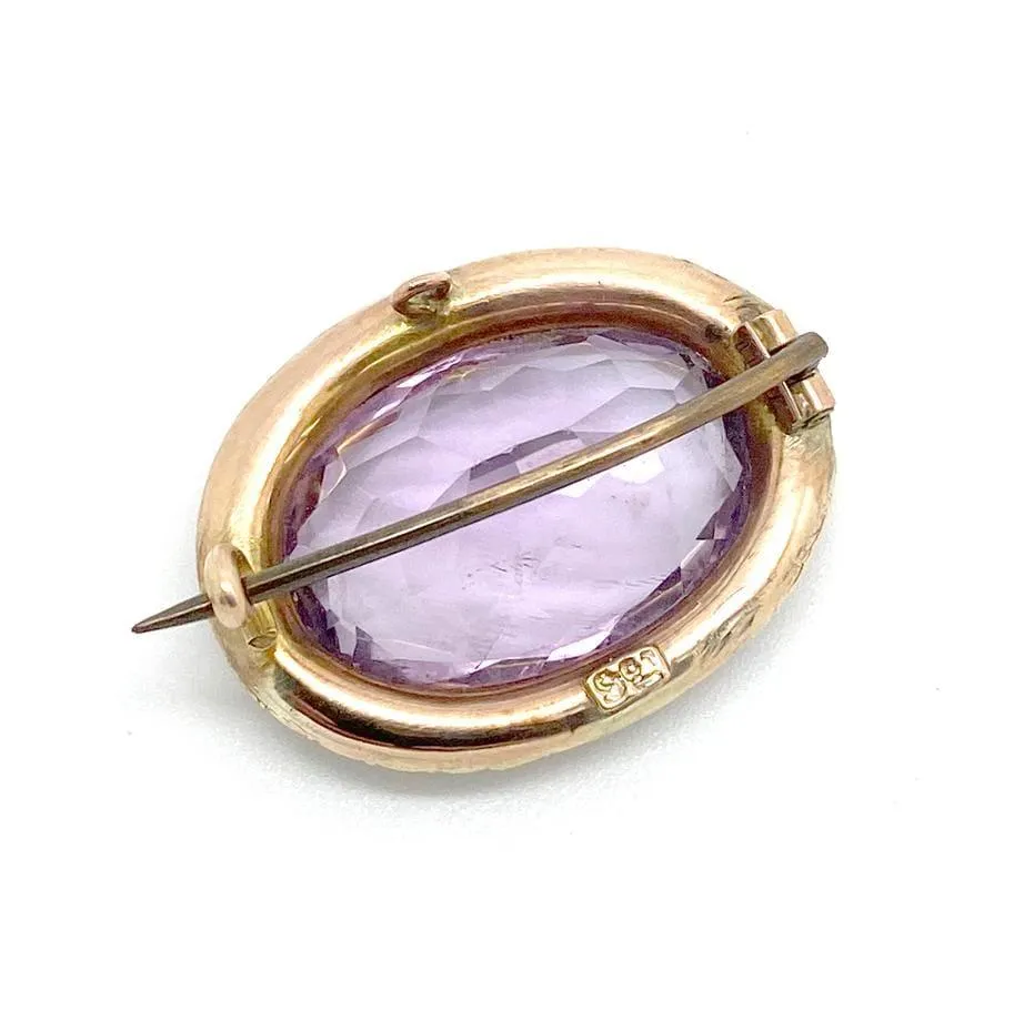 Antique Victorian Amethyst Seed Pearl 9ct Gold Brooch