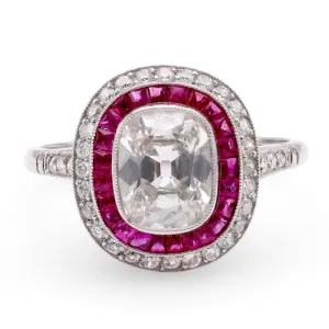 Art Deco Inspired 1.24 Carat Diamond Ruby Platinum Target Ring