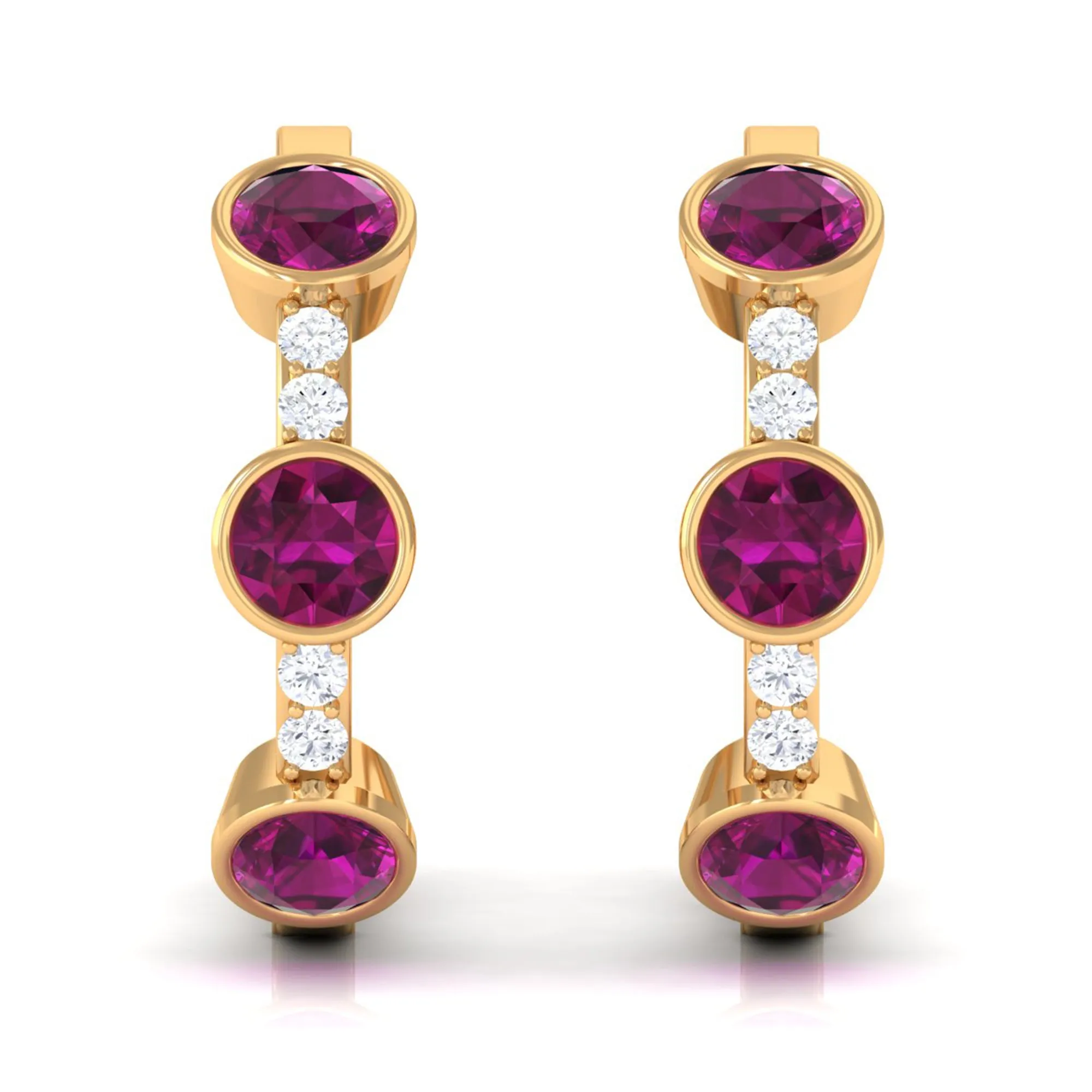 Bezel Set Rhodolite 3 Stone Hinged Hoop Earrings with Diamond