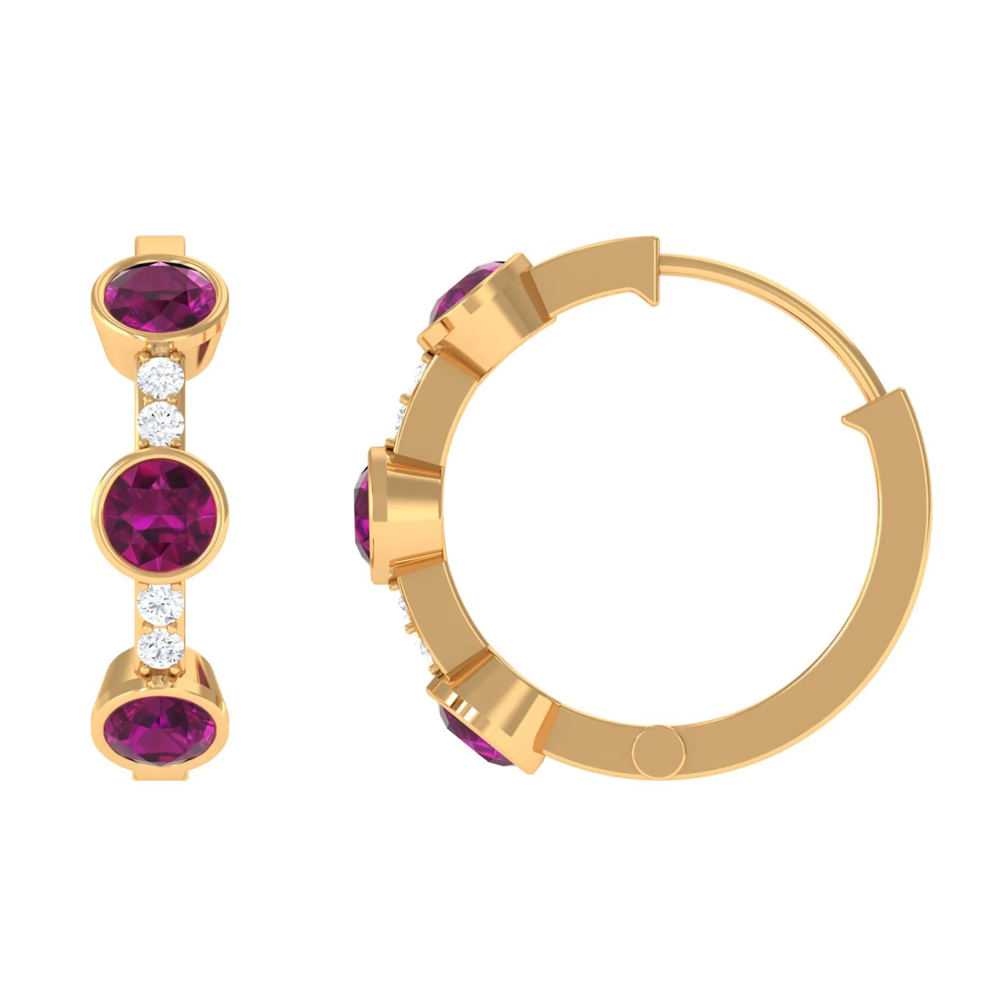 Bezel Set Rhodolite 3 Stone Hinged Hoop Earrings with Diamond