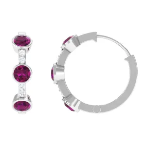 Bezel Set Rhodolite 3 Stone Hinged Hoop Earrings with Diamond