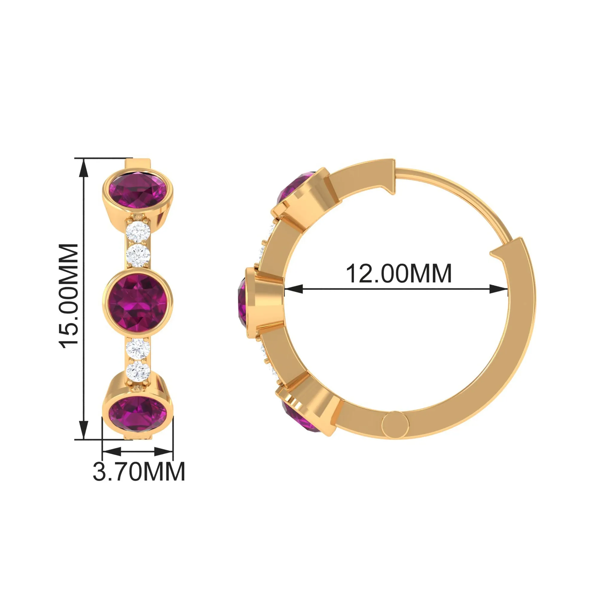 Bezel Set Rhodolite 3 Stone Hinged Hoop Earrings with Diamond