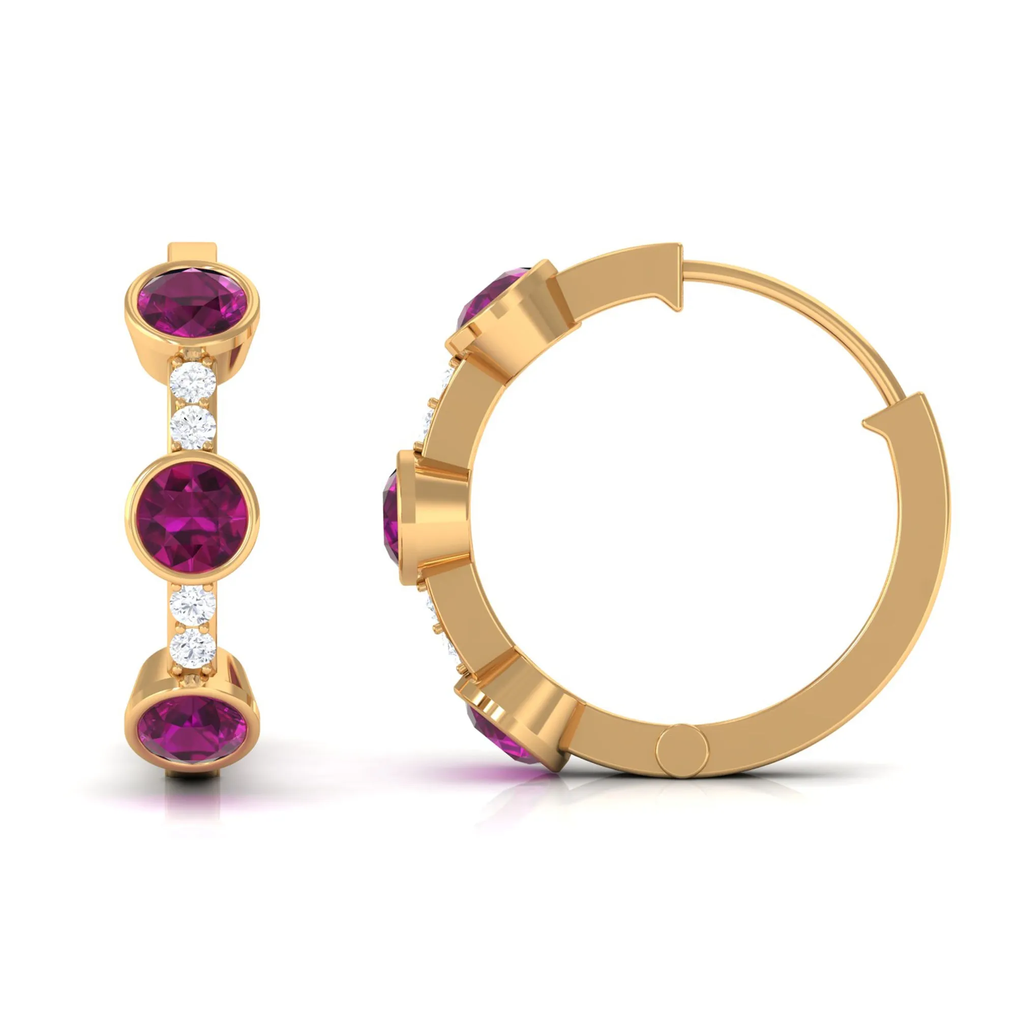 Bezel Set Rhodolite 3 Stone Hinged Hoop Earrings with Diamond