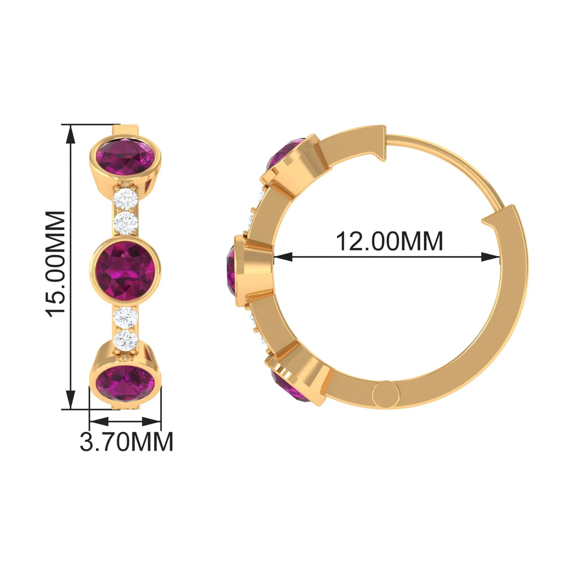 Bezel Set Rhodolite 3 Stone Hinged Hoop Earrings with Diamond