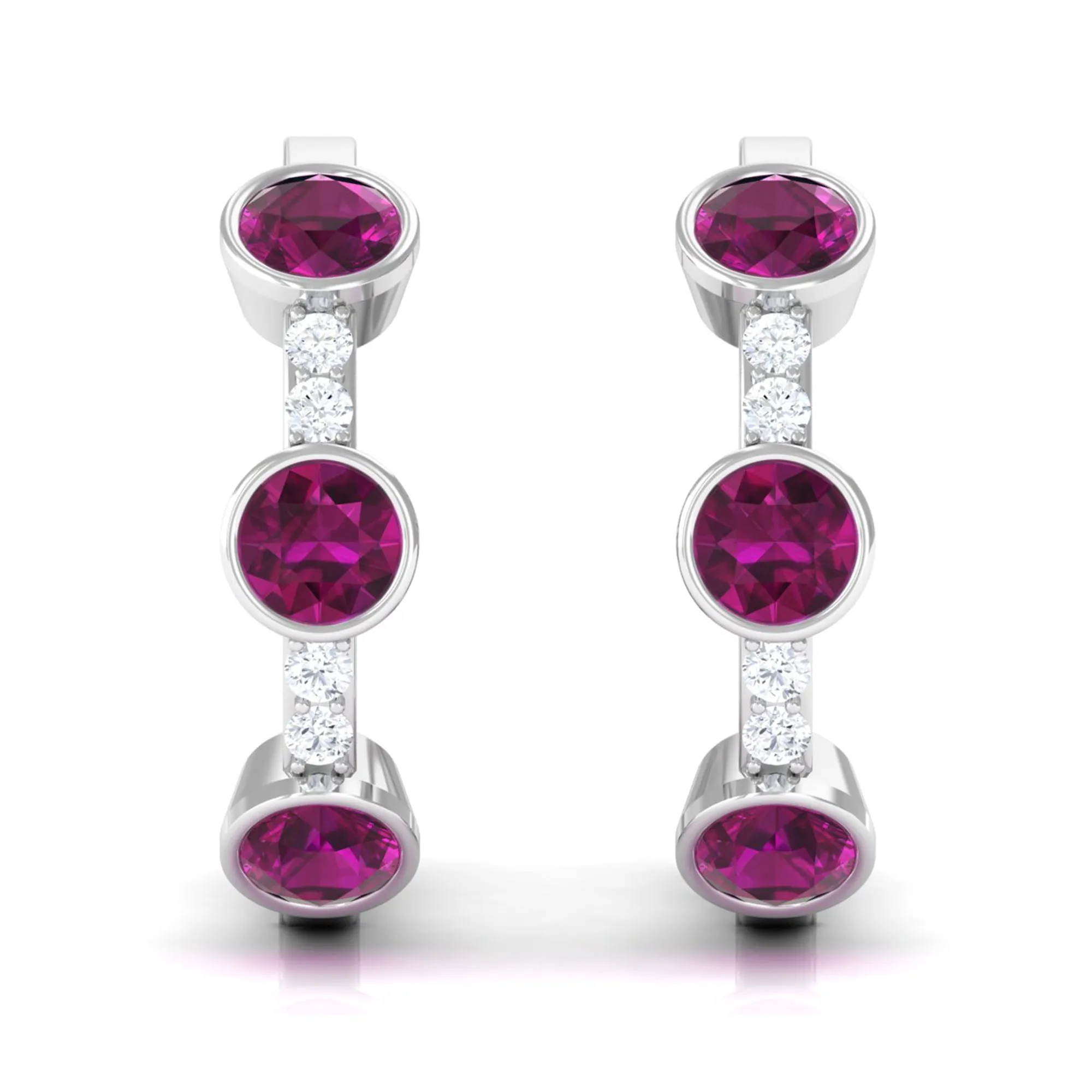 Bezel Set Rhodolite 3 Stone Hinged Hoop Earrings with Diamond