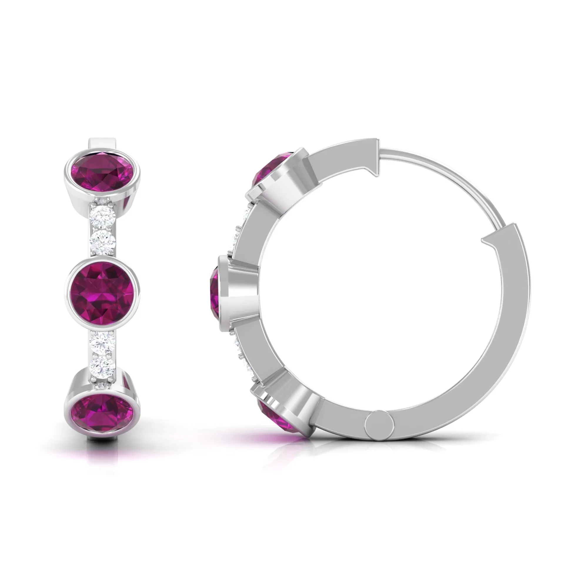 Bezel Set Rhodolite 3 Stone Hinged Hoop Earrings with Diamond