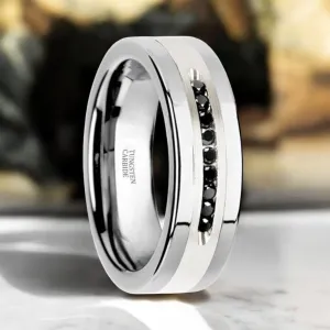 BLACKSTONE | Silver Tungsten Ring, Sterling Inlay, Black Diamonds, Flat