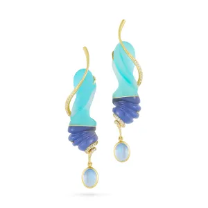 Carved Blue Chalcedony, Turquoise, Rock Crystal, Moonstone and Diamond Earring