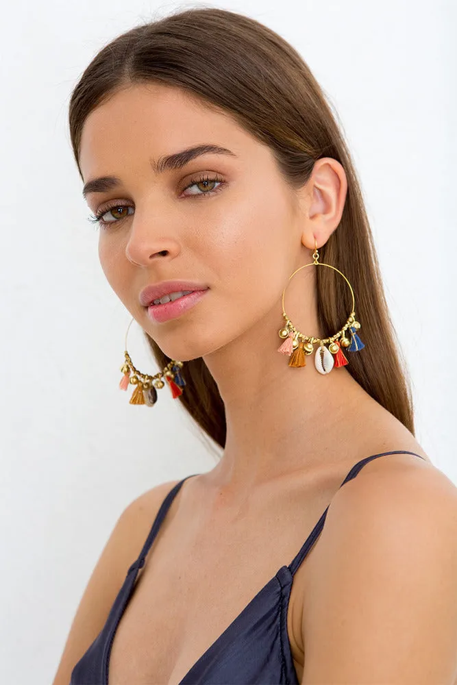 Chan Luu Multi Mix Charm Tassel Large Hoop Earrings