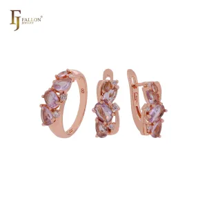 Cluster light pink purple luxurious CZs Rose Gold Jewelry Set with Rings