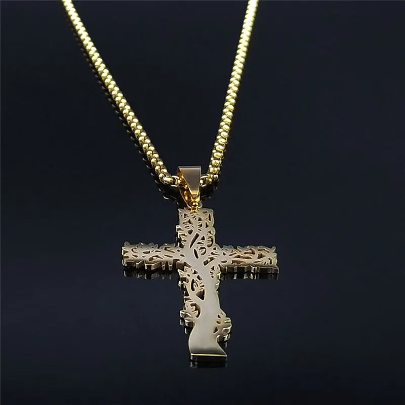 Cross Tree of Life Stainless Steel Chain Necklaces