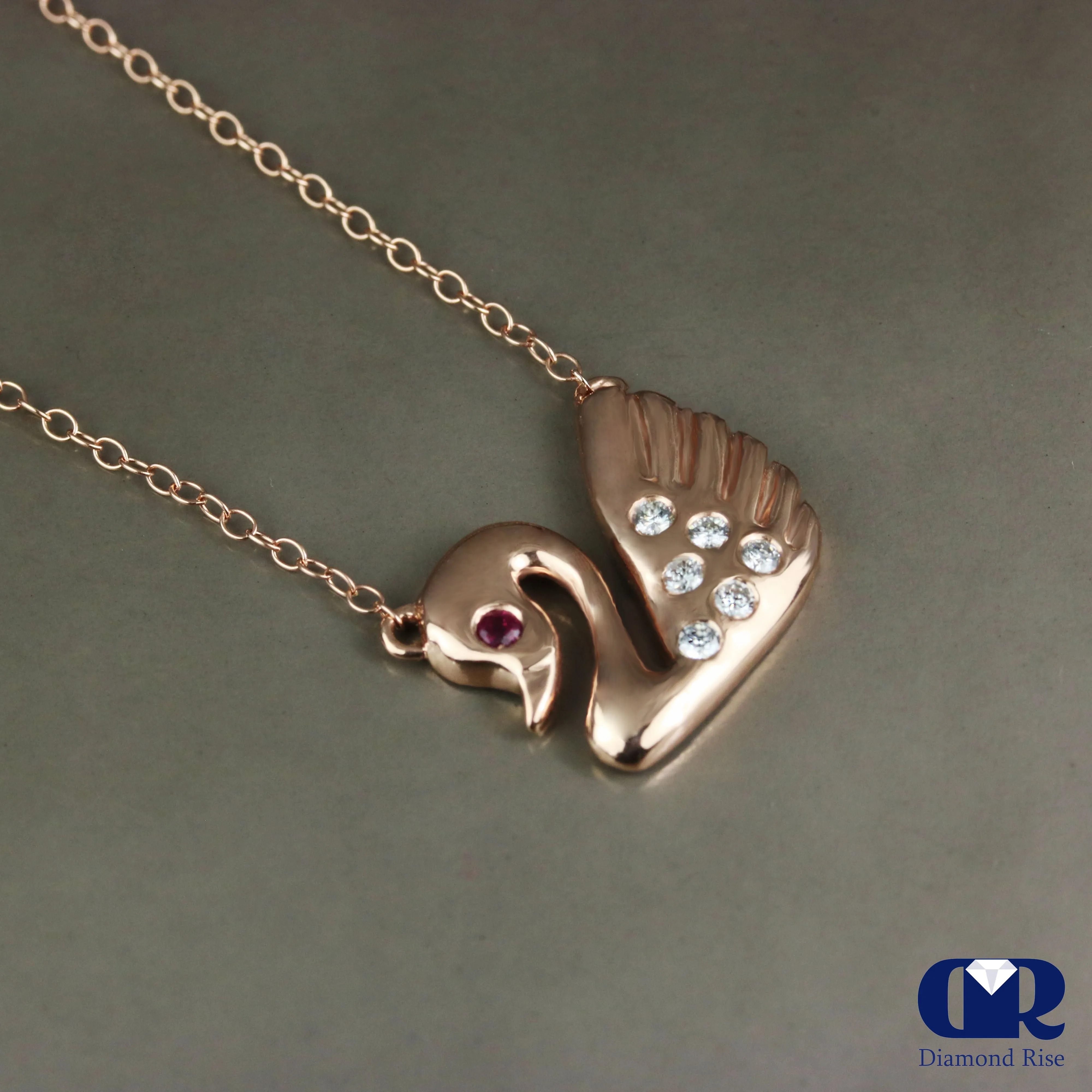 Diamond & Ruby Swan Pendant Necklace In 14K Rose Gold