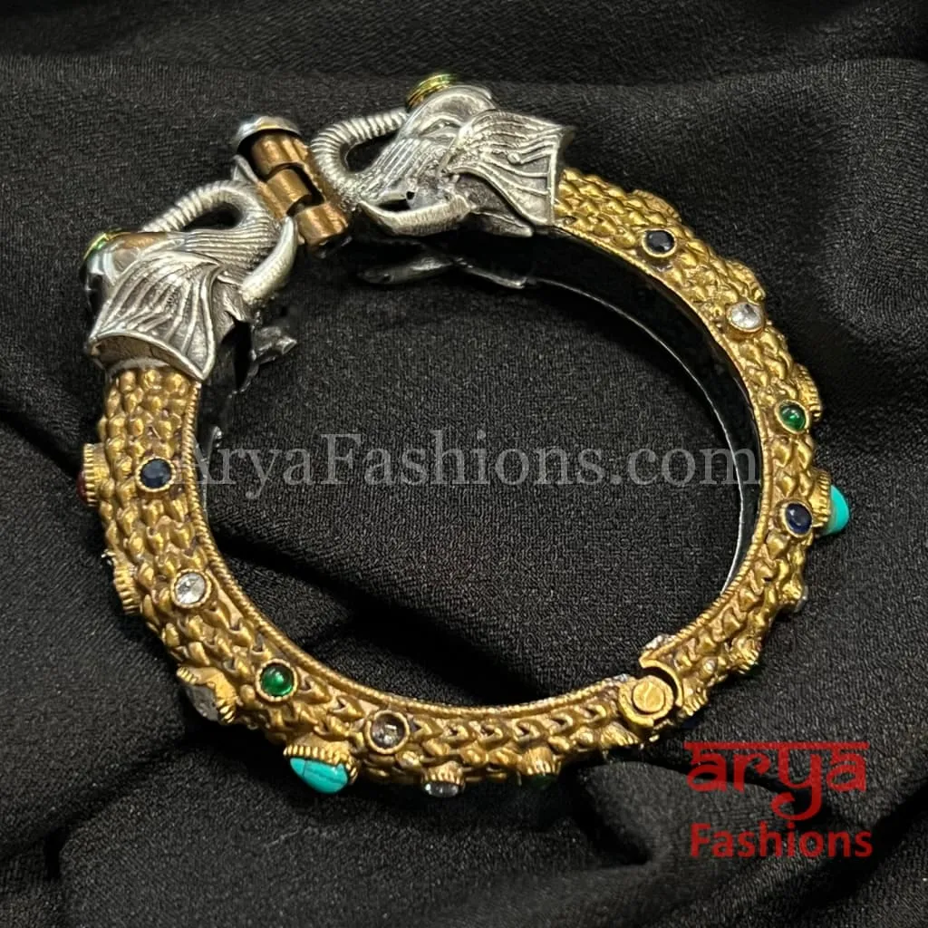 Dual Tone Elephant Theme Silver Oxidized Bangles