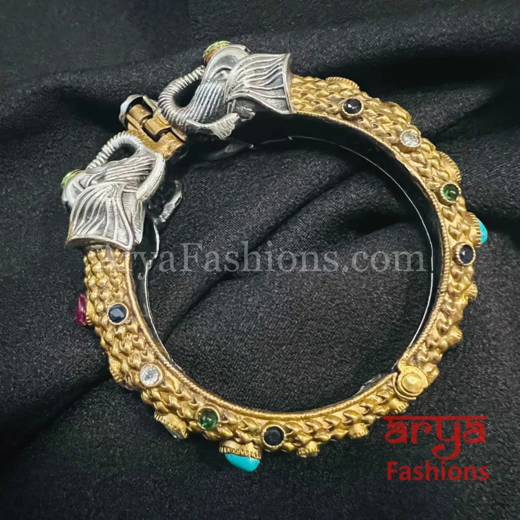 Dual Tone Elephant Theme Silver Oxidized Bangles