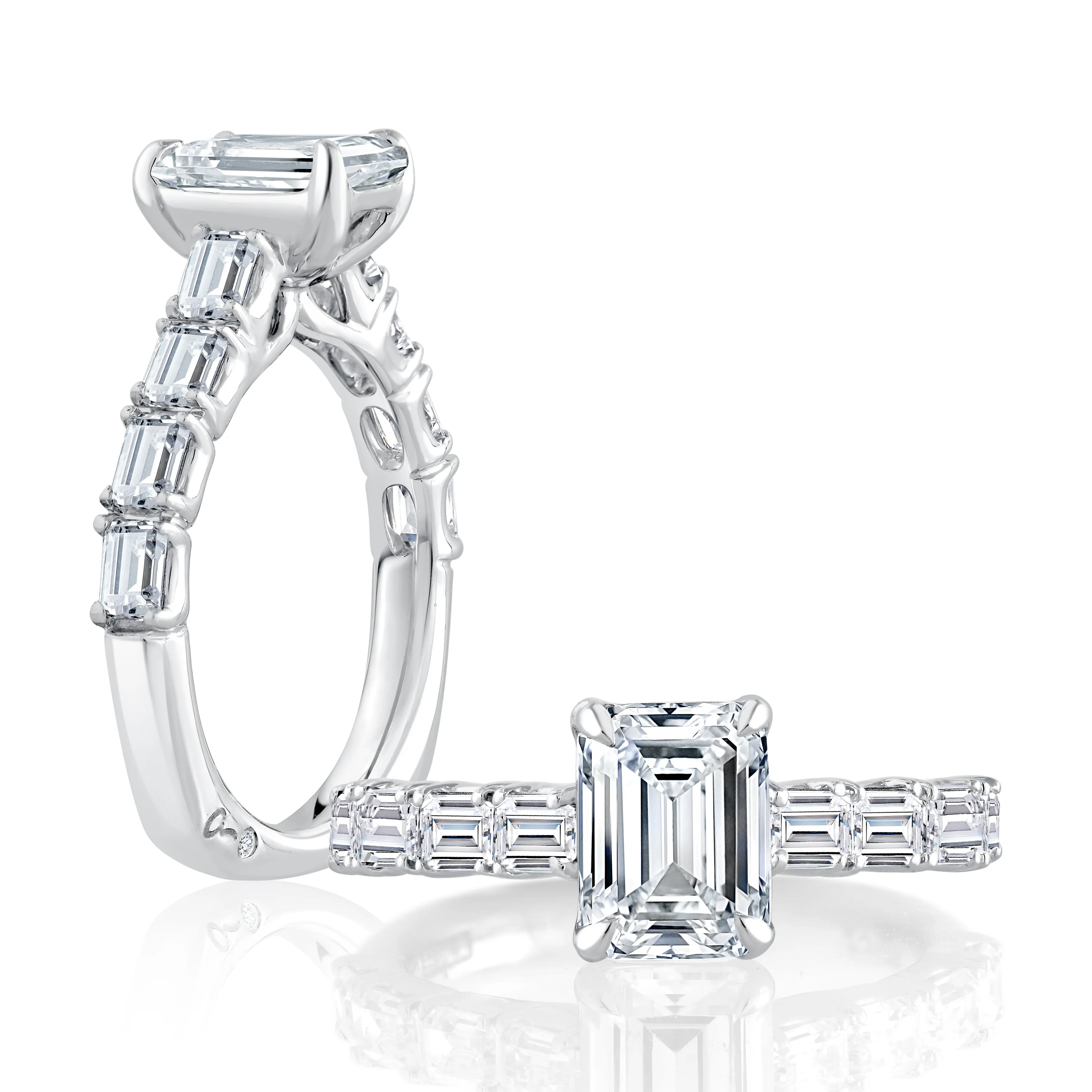 Emerald Cut Diamond Engagement Ring with Emerald Diamond Accents Band