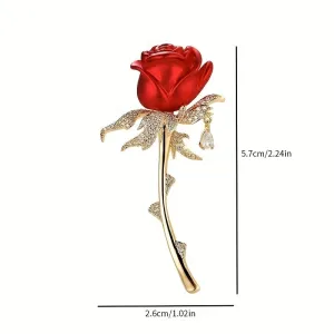 Fashion Unique And Exquisite Flashing Rhinestone Red Rose Water Drop Brooch Corsage Fixed Clothes Pin High-End Accessories