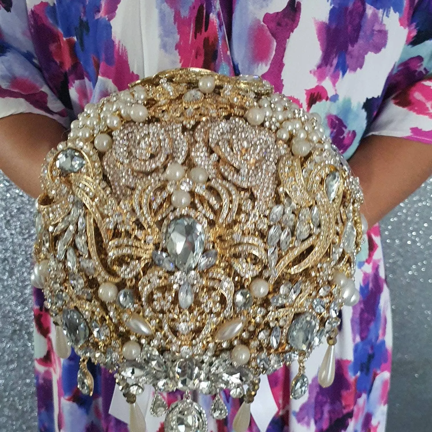 Gold Crystal cascade brooch bouquet, jewel bouquet, alternative Great Gatsby style wedding flowers. by Crystal wedding uk