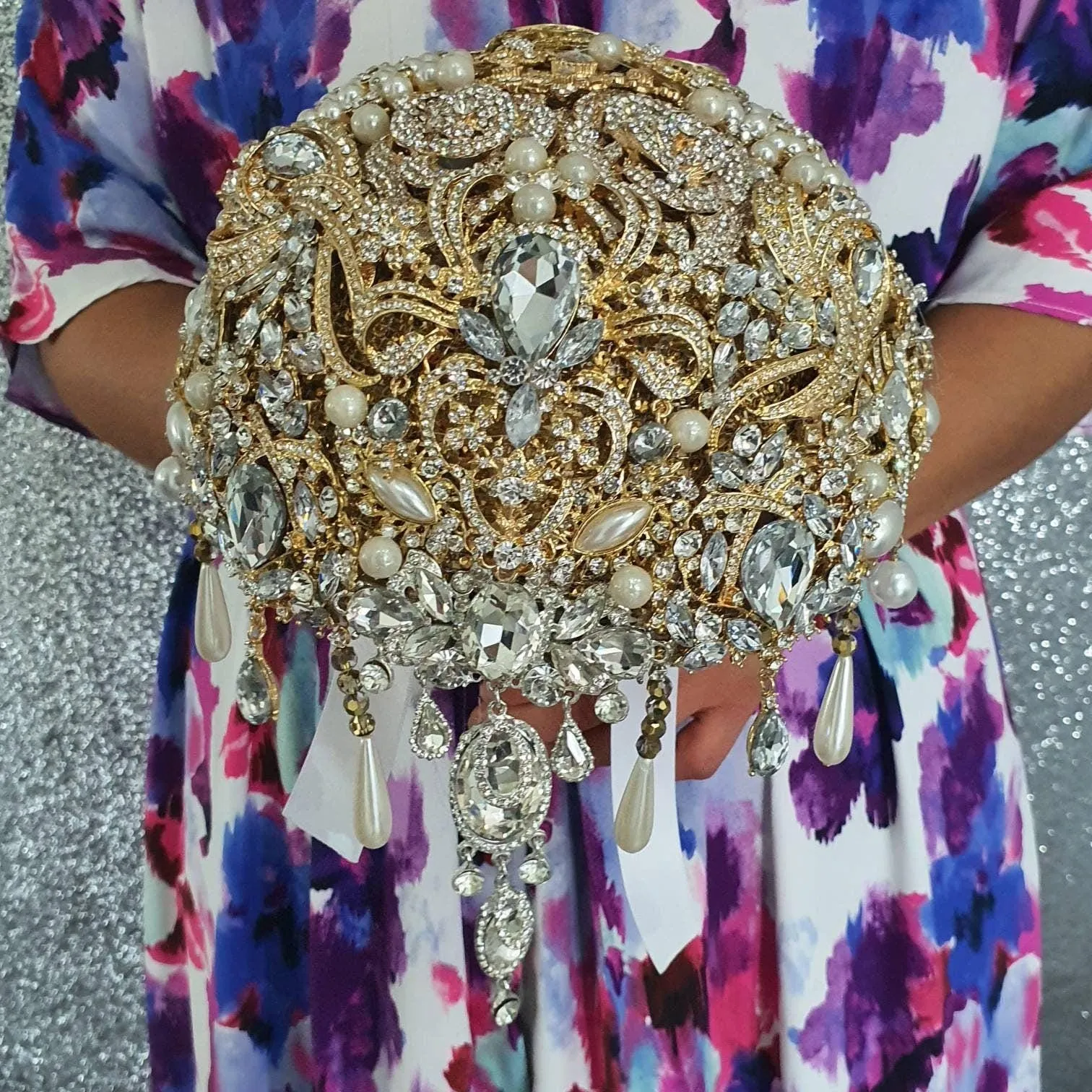 Gold Crystal cascade brooch bouquet, jewel bouquet, alternative Great Gatsby style wedding flowers. by Crystal wedding uk