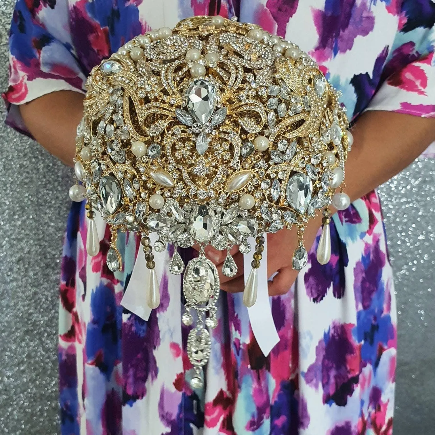 Gold Crystal cascade brooch bouquet, jewel bouquet, alternative Great Gatsby style wedding flowers. by Crystal wedding uk